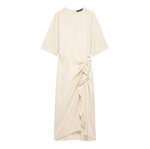 Damen Sommer Kurzarm Rundhals Maxi Kleid Knoten Rüschen Details Minimalistisch Aprikose Locker Lässiges Elegantes Langes Kleid