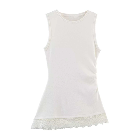 Women Elegant Ruched Lace Splicing Sleeveless Tank Top Solid Color Slim Fit Rib Knit Casual Summer Vest Top Clothing