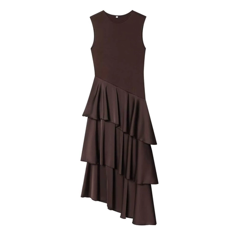 Damen Elegant Ärmellos Patchwork Asymmetrisch Rüschen Satin Kleid Rundhals Maxi Sommer Schick Pendler Langes Kleid