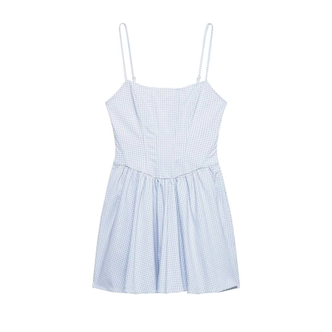 Damen Sommer Blau Weiß Gingham Karo Trägerkleid Ärmellos Eckiger Ausschnitt Geraffte Taille A-Linie Midi Kleid Casual