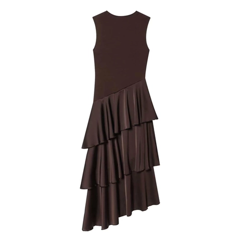 Damen Elegant Ärmellos Patchwork Asymmetrisch Rüschen Satin Kleid Rundhals Maxi Sommer Schick Pendler Langes Kleid