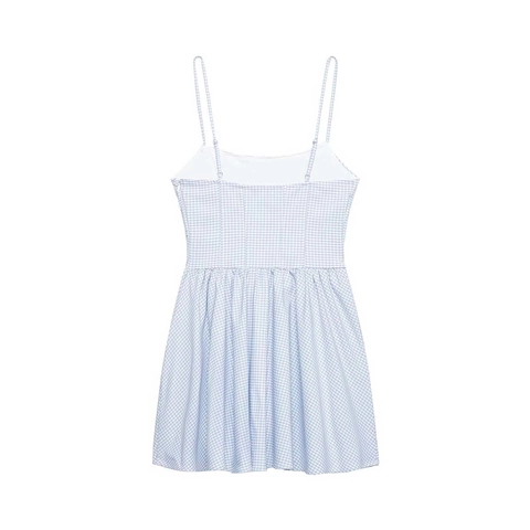 Damen Sommer Blau Weiß Gingham Karo Trägerkleid Ärmellos Eckiger Ausschnitt Geraffte Taille A-Linie Midi Kleid Casual