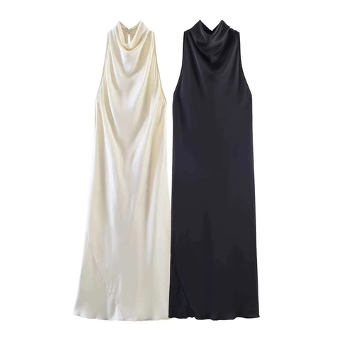 Elegantes Neckholder Satin Midi Kleid Für Damen Sexy Wasserfall Ausschnitt Rückenfrei Ärmellos Einfarbig Sommer Abendkleid
