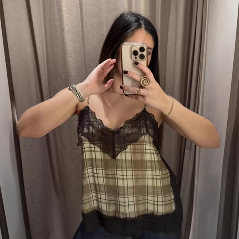 Vintage Kariertes Camisole Mit Spitzenbesatz Für Damen Retro Slim Fit Dünne Träger V-Ausschnitt Ärmelloses Top Sommer Casual Kleidung