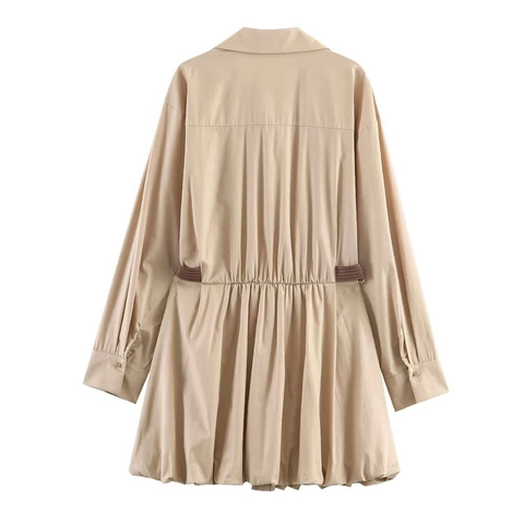Damen Casual Khaki Langarm Hemdkleid Plissierte Taille Dekorativer Gürtel Ballonsaum Mini Ballon Kleid
