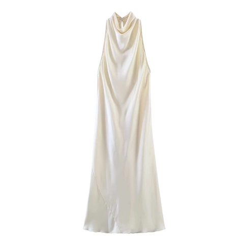 Elegantes Neckholder Satin Midi Kleid Für Damen Sexy Wasserfall Ausschnitt Rückenfrei Ärmellos Einfarbig Sommer Abendkleid