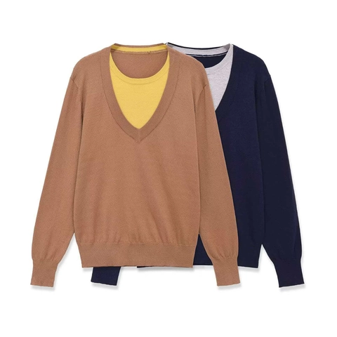 Women Casual Fake Two Piece Knit Sweater V-Neck Round Neck Long Sleeve Ribbed Cuff Polyester Pullover Top