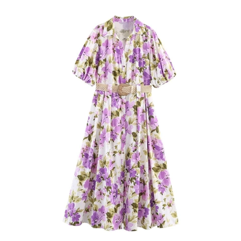 Damen Casual Blumenmuster Midikleid Mit Gürtel Kurzarm Puffärmel Hemdkragen Elegant Sommerurlaub A-Linien Kleid