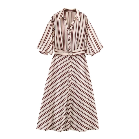 Women Elegant Striped Midi Dress With Belt Vintage Button Down Shirt Collar Half Bubble Sleeve Polyester Satin Dress