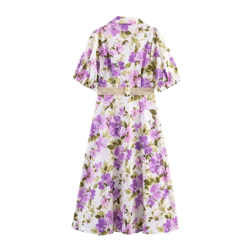 Damen Casual Blumenmuster Midikleid Mit Gürtel Kurzarm Puffärmel Hemdkragen Elegant Sommerurlaub A-Linien Kleid