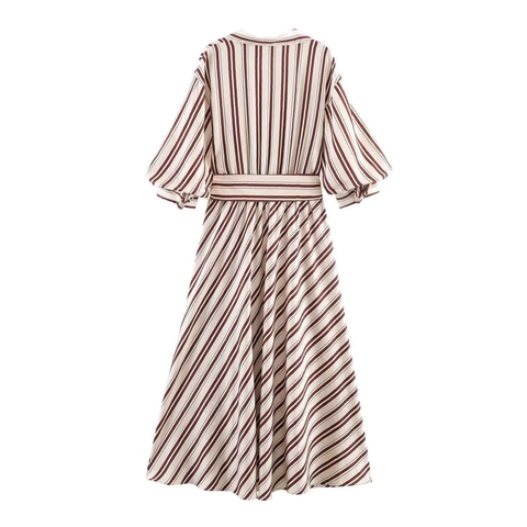 Women Elegant Striped Midi Dress With Belt Vintage Button Down Shirt Collar Half Bubble Sleeve Polyester Satin Dress