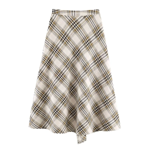 Falda Midi Asimétrica a Cuadros Elegante para Mujer Cintura Alta de Lino Falda de Línea A Con Borde de Flecos para Oficina