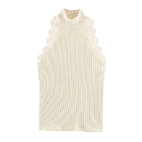 Women Sleeveless Mock Neck Knit Vest With Lace Trim Ribbed Solid Color Casual Slim Fit Summer Knitwear Elegant Tank Top