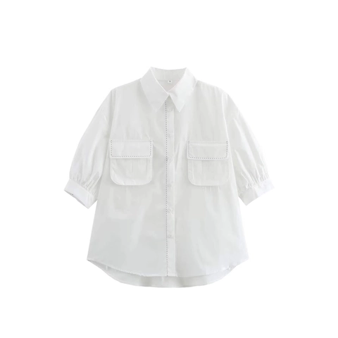 Damen Weiß Kurzarmbluse Mit Kontrastnähten Doppelte Utility Taschen Puffärmel Revers Pendler Stil Sommer Top