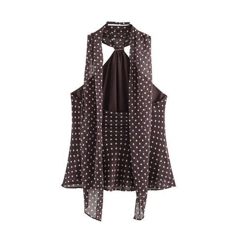 Damen Sexy Gepunktet Neckholder Tank Top Ärmellos Chiffon Cami Mit Metallring Vintage Rückenfrei Sommer Mode Urlaub Top