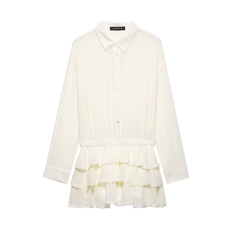 Elegant Damen Off White Hemdkleid Langarm Gekräuselt Stufenrock Rüschensaum Spitze Casual Minimalistisch Midi Kleid