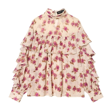 Women Vintage Floral Print Ruffle Chiffon Blouse High Neck Layered Long Flare Sleeve Elegant Rose Pattern Casual Pullover Top