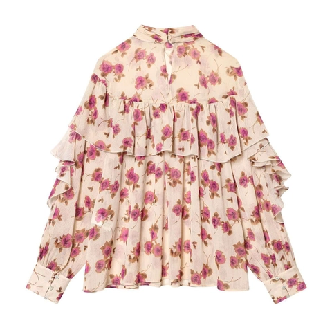 Women Vintage Floral Print Ruffle Chiffon Blouse High Neck Layered Long Flare Sleeve Elegant Rose Pattern Casual Pullover Top