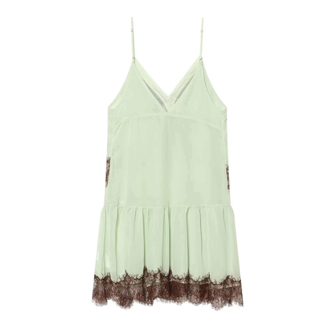 Dames Sexy Kant Patchwork Camisole Mini Jurk Vintage V-hals Muntgroen Contrast Bruin Kant Spaghetti Bandjes Feestjurk
