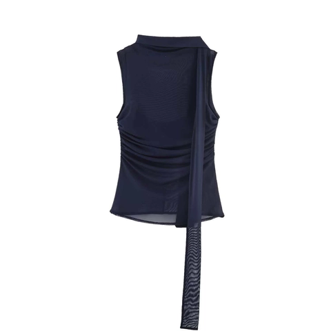 Sexy Marineblau Satin Netzgewebe Ärmelloses Top Geraffte Seite Schal Drapierung Ausschnitt Slim Tank Top Für Damen Elegant