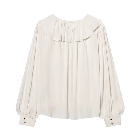 Blusa de Satén Elegante para Mujer Volantes Cuello en V Lazada Manga Larga Color Sólido Crema Jersey Camisa para Oficina Diario