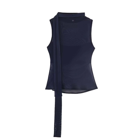 Sexy Marineblau Satin Netzgewebe Ärmelloses Top Geraffte Seite Schal Drapierung Ausschnitt Slim Tank Top Für Damen Elegant
