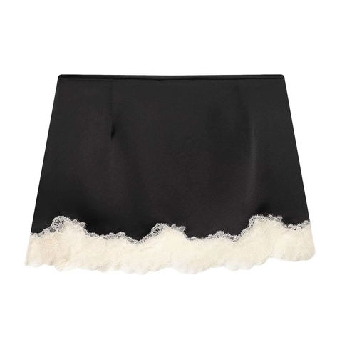 Eleganter Schwarzer Satin Gerade Minirock Mit Weißem Wimpernspitzensaum Für Damen Casual Commute High Waist Fashion Rock