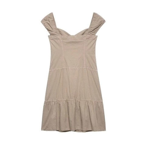 Robe Midi Femme Minimaliste Kaki Boutonnée Sans Manches Col Carré Ourlet Volanté Robe Décontractée Été