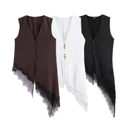 Damen Vintage V-Ausschnitt Ärmellose Weste Mit Asymmetrischem Spitzenbesatz Satin-Optik Knopfleiste Pullover Top Elegante Weste