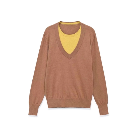 Women Casual Fake Two Piece Knit Sweater V-Neck Round Neck Long Sleeve Ribbed Cuff Polyester Pullover Top