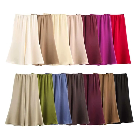 Gonna Midi in Raso Elegante da Donna Vita Alta Elastica Linea A Seta Lucida Tinta Unita Gonna a Ruota per Ufficio Quotidiano