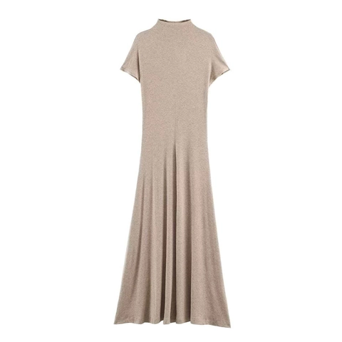 Women's Casual Knitted High Neck Maxi Dress Short Sleeve Loose Fit Solid Color High Waist Temperament Commuter Long Dress