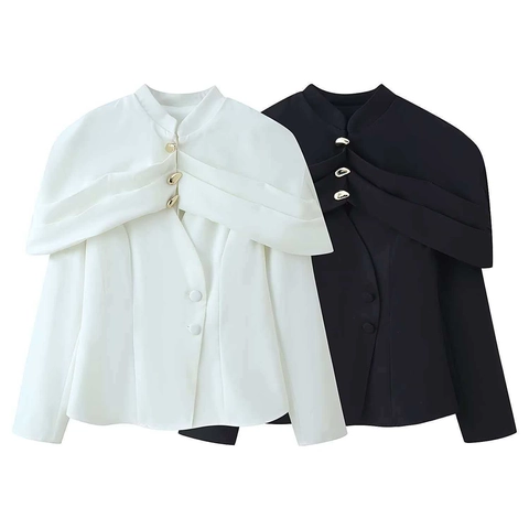 Women's Elegant Capelet Jacket Slim Fit Stand Collar Long Sleeve Blazer With Decorative Gold Metal Buttons Solid Color Outerwear