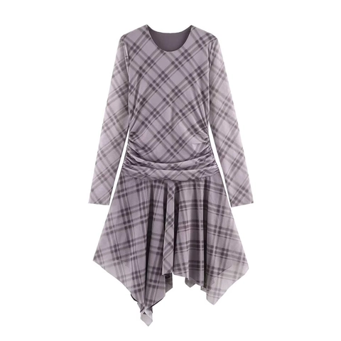 Damen Kariertes Netz Kleid Elegant Langarm Rundhalsausschnitt Geraffte Taille Asymmetrisch Taschentuchsaum Midi Kleid Freizeit