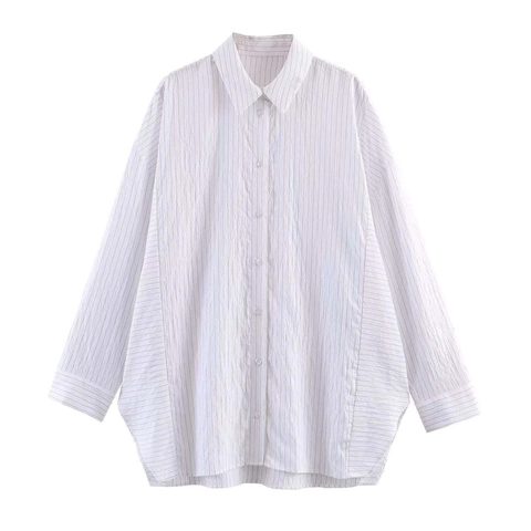 Women Casual Striped Shirt Long Sleeve Polo Collar Oversized Blouse Top Gray White Vertical Stripe Minimalist Commuter Wear