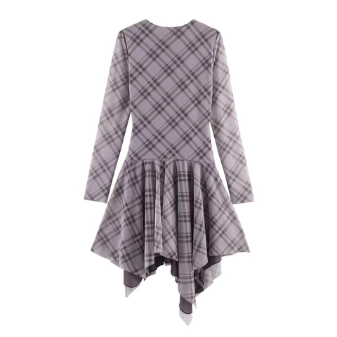 Damen Kariertes Netz Kleid Elegant Langarm Rundhalsausschnitt Geraffte Taille Asymmetrisch Taschentuchsaum Midi Kleid Freizeit