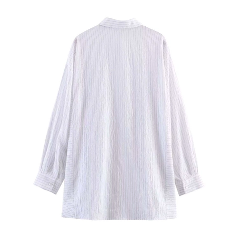 Women Casual Striped Shirt Long Sleeve Polo Collar Oversized Blouse Top Gray White Vertical Stripe Minimalist Commuter Wear