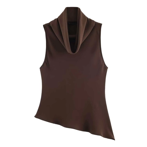 Débardeur sans Manches Femme Marron Chocolat Col Drapé Ourlet Asymétrique Coupe Ajustée Polyester Haut d'Été