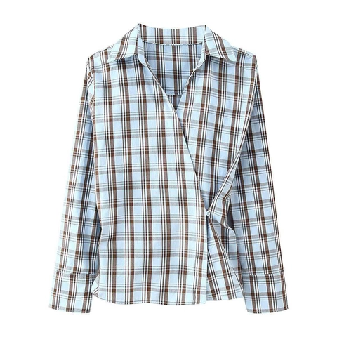 Women Plaid Long Sleeve Blouse Wrap V Neck Checked Shirt Elegant Commute Office Top Casual Splicing Regular Fit Clothing