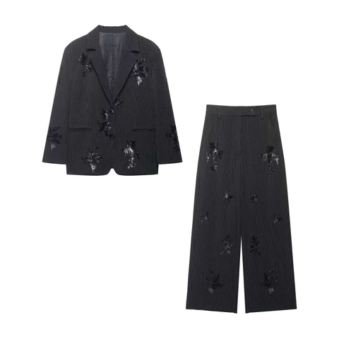 Élégant Femmes Fines Rayures Paillettes Fleur Brodé Blazer Pantalon Bureau Dame Fines Rayures Veste Taille Haute Jambes Larges Pantalon Haut Bas