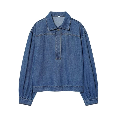 Chemise en Jean Bleu Vintage pour Femmes Manche Lanterne Épaule Tombante Demi Patte de Boutonnage Chemisier Denim Top