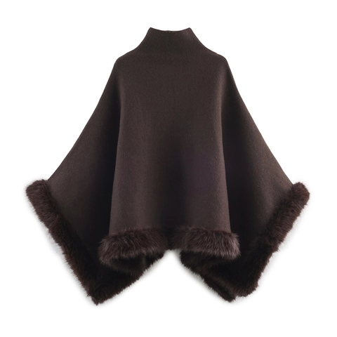 Damen Elegant Hochhals Strick Schal Umhang Dunkelbraun Kunstpelz Besatz Saum Kurz Poncho Wickeln Für Herbst Winter