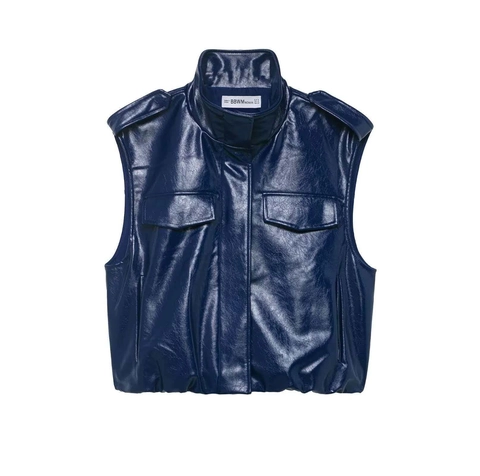 Completo a Due Pezzi da Donna in Ecopelle Lucida Blu Marino Gilet Senza Maniche a Collo Alto e Minigonna Con Borchie