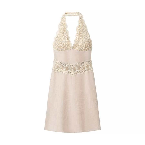 Vestito Mini Donna Sexy Halter Patchwork in Pizzo Schiena Scoperta Scollo a V Profondo Champagne Bodycon Estate Spiaggia Festa Corto