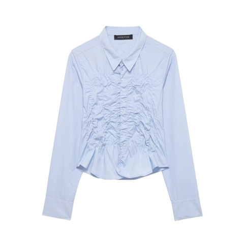 Camisa de Mujer a la Moda Azul Claro Manga Larga Fruncida Mezcla de Poliéster Nido de Abeja Blusa con Botones con Dobladillo de Volantes Top de Oficina Casual