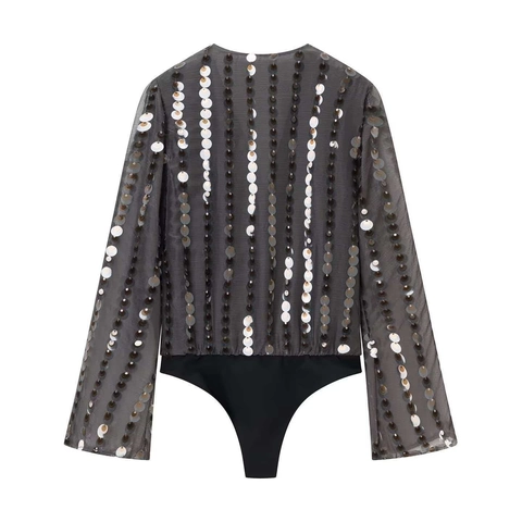 Damen Sexy Pailletten Transparenter Netzstoff Bodysuit Langarm V-Ausschnitt Patchwork Party Jumpsuit Mode Clubwear Top