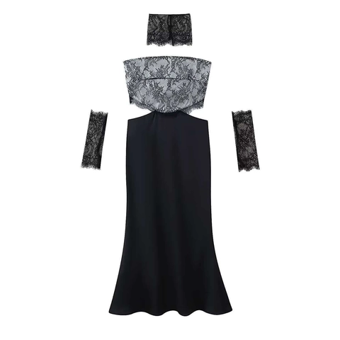 Damen Sexy Schwarz Satin Spitze Patchwork Maxikleid Mit Choker Und Ärmelschutz Ärmellos Rückenfrei Fischschwanz Abendkleid