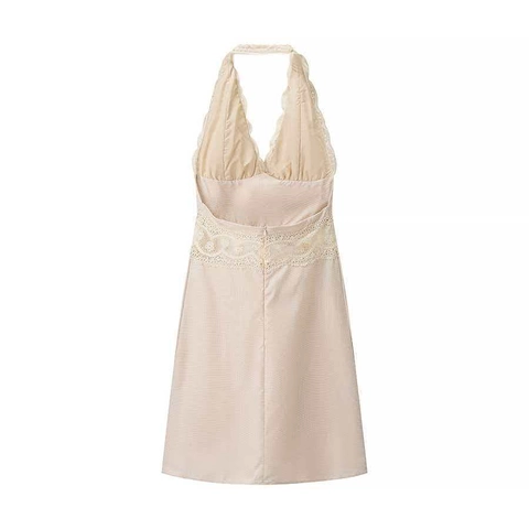 Vestito Mini Donna Sexy Halter Patchwork in Pizzo Schiena Scoperta Scollo a V Profondo Champagne Bodycon Estate Spiaggia Festa Corto