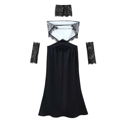 Damen Sexy Schwarz Satin Spitze Patchwork Maxikleid Mit Choker Und Ärmelschutz Ärmellos Rückenfrei Fischschwanz Abendkleid