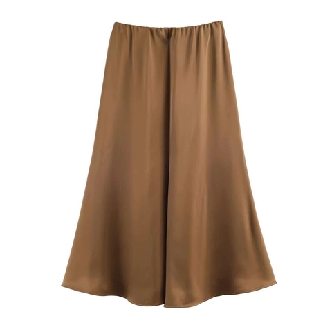 Gonna Longuette in Satin Elegante da Donna Vita Alta Elastica Linea ad A Tinta Unita Marrone Moda Casual